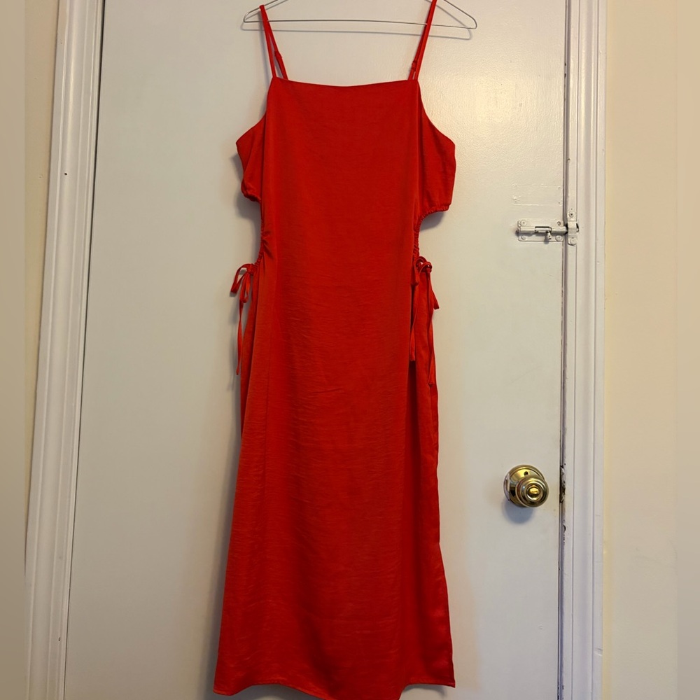 EUC Satin Red Slip Midi Dress with Keyhole Side Tie Straps